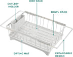 Small Dish Drying Rack in Sink, Expandable Stainless Steel Dish Drainers for Kitchen Counter, with Drain Board & Utensil Holder(White)