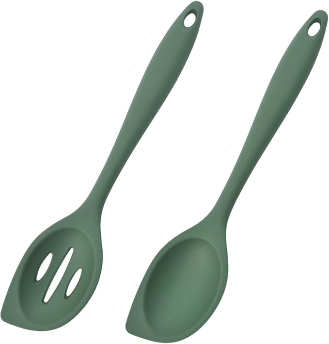 2-Pieces Silicone Cooking Spoon Spatula, Large Serving Spoons for Solid and Slotted, Heat Resistant Non-Stick Silicone Cooking Utensils Set, for Kitchen Mixing, Scooping, and Scraping