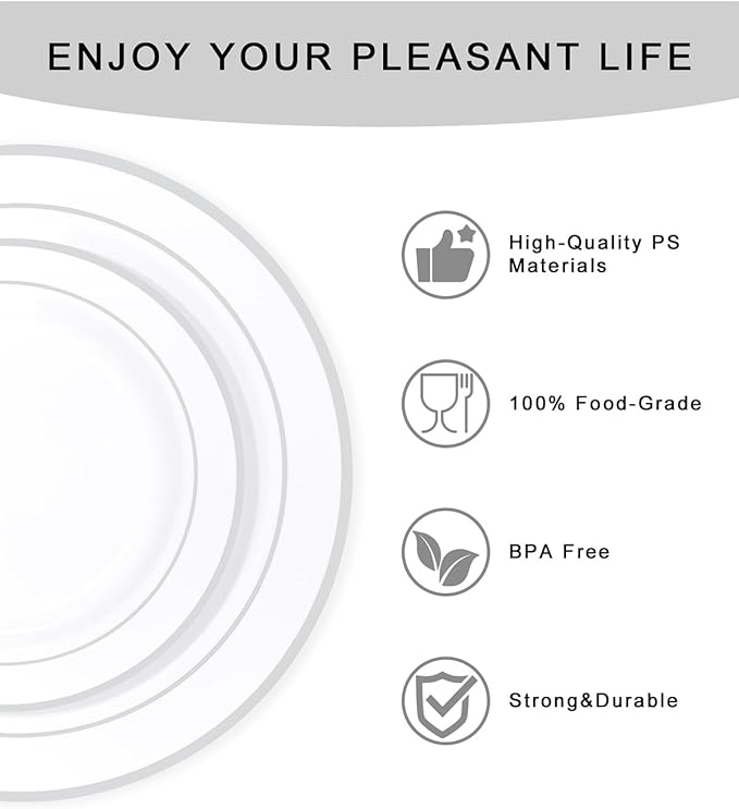 bUCLA 150-Piece Silver Disposable Dinnerware Set - White Plastic Plates with Silver Rim - Include 25 Dinner Plates, 25 Dessert Plates, 25 Forks, 25 Knives, 25 Spoons & 25 Cups for Party & Christmas