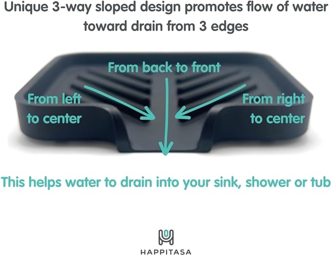 Happitasa Silicone Soap Dish Tray and Sponge Holder with Drain Chute and Feet | 3-Way Sloped Design | Bathroom and Kitchen Sink Organizer Caddy (Grey, 5"x4", 3.5 Ounces)