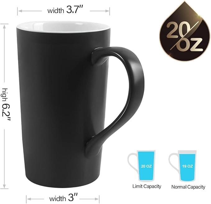 20 OZ Large Diner Coffee Mugs,Tall Beer Cups with Handle Couple's Cups Set of 2,Oversized Cylindrical Design Modern Ceramic Tea Cup for Dad Mom Friends Gift.Matte Black