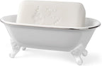 6.5" Ceramic Mini Decorative Clawfoot Bathtub Bar Soap Dish, Kitchen Sponge Holder and Shower Tray for Bathroom, 1 Pack (White Silver Rim)