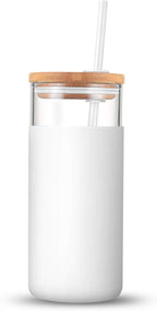 Tronco 20 oz Glass Tumbler with Lid and Straw, Iced Coffee Cup and Smoothie Cup with Bamboo Lids & Protective Silicone Sleeve, Dishwasher Safe, BPA-Free, Glass Cup 2 Pack