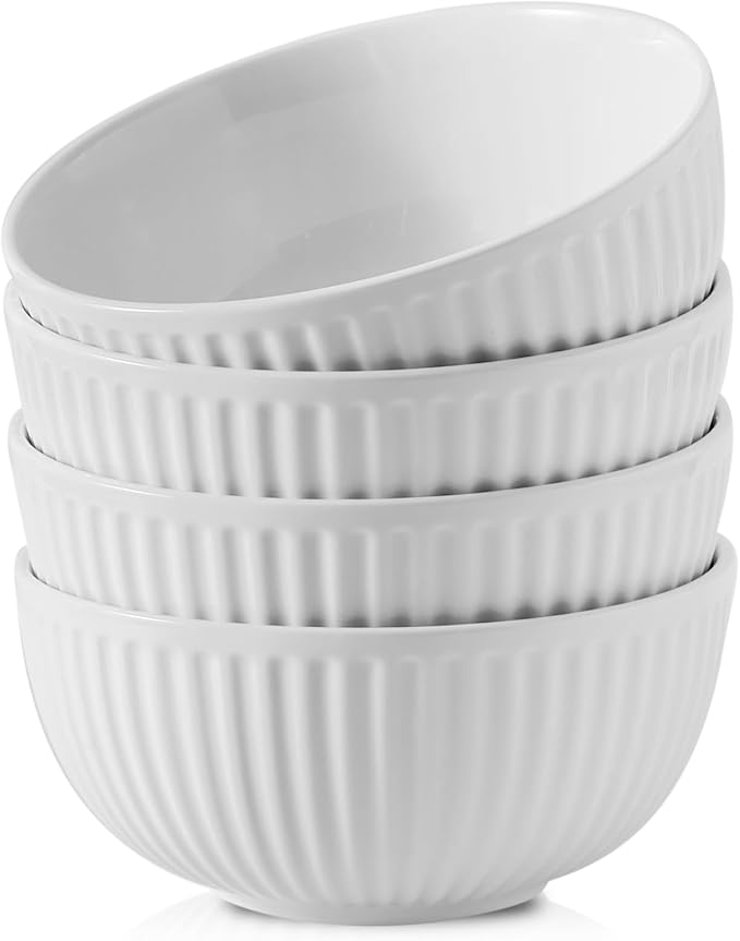 HASENSE Large Serving Bowls 7 Inch - 42 Oz White Ceramic Salad Bowl Set of 4 for Kitchen,Modern Ribbed Porcelain Dishes for Entertaining,Soup,Pho,Pasta,Cereal, Noodle - Dishwasher & Microwave Safe