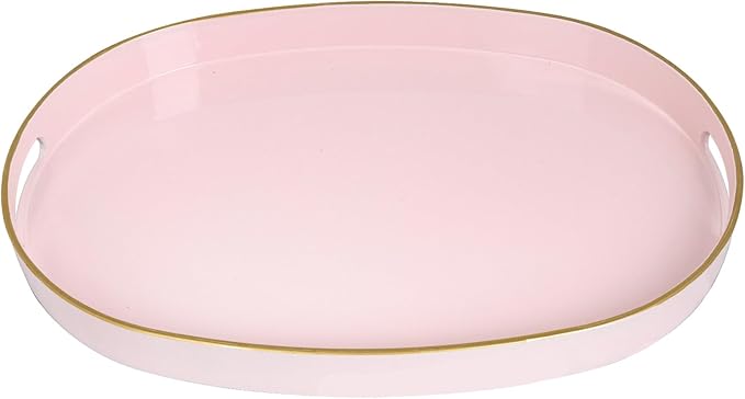 MAONAME Pink Decorative Tray, Oval Serving Tray with Handles, Plastic Trays for Coffee Table, Ottoman Trays for Living Room, Bathroom, 15.6" X 10.6" X 1.4"