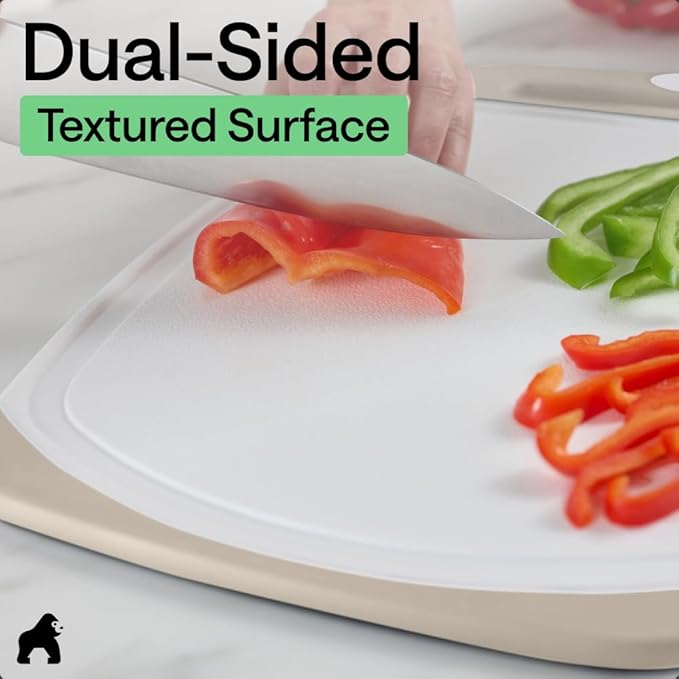 GORILLA GRIP BPA-Free Reversible Kitchen Cutting Board Set of 3, US Designed, Nonporous, Juice Grooves Catch Liquid, Slip Resistant Border, Dishwasher Safe, Durable Large Food Chopping Boards, Almond