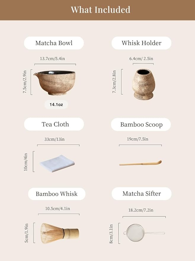 6-pcs Japanese Matcha Whisk Set, Handmade Ceramic Matcha Set with Bowl(Chawan),Bamboo Whisk(Chasen) and Holder, Scoop, Sifter & Tea Towel,Matcha Kit for Ceremony (Stone Vein)