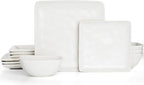 Famiware Dinnerware Sets for 4, Ocean Square 12-Piece Kitchen Plates and Bowls Sets, Microwave and Dishwasher Safe, Scratch Resistant, Matte White