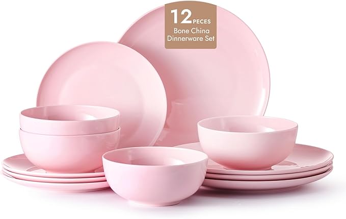 KINGSTONE 12-Piece Bone China Dinnerware Set for 4, Lightweight Porcelain Round Plates and Bowls Set, Durable Scratch Resistant Ceramic Dinner Set, Microwave & Dishwasher Safe, Sakura Pink