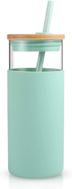 Tronco 20 oz Glass Tumbler with Lid and Straw, Iced Coffee Cup and Smoothie Cup with Bamboo Lids & Protective Silicone Sleeve, Dishwasher Safe, BPA-Free, Glass Cup 1 Pack