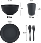 Wheat Straw Dishes Set for 4,Microwave Safe Plates and Bowls Sets, Unbreakable and Ruseable Plastic Dinnerware Sets for Kitchen,Camping,Dorm,Dessert Plates, Water Cups,Serving Bowls（Black,20 PCS）