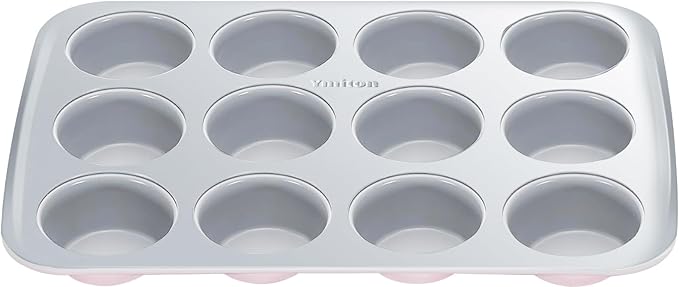 Nonstick Ceramic 12 Cup Muffin Pan, Cupcake Pan for Baking, Non-Toxic Muffin tin, Ceramic Coating, PTFE & PFOA Free, Oven Safe 550°F, Aluminized Steel (Pink)