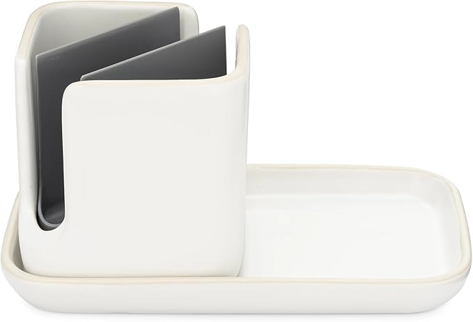 Full Circle Stash, Ceramic Kitchen Sink Caddy, Stylish Sponge Holder & Dish Brush Organizer, Easy to Clean, Dishwasher Safe, Rustproof, White and Gray, 11"