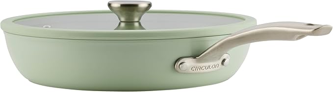 Circulon Halo with LaserDefense Ceramic Nonstick Frying Pan with Helper Handle and Lid, Made Without PFAS, Compatible with All Stovetops, Dishwasher and Oven Safe, 12 Inch Skillet - Sage