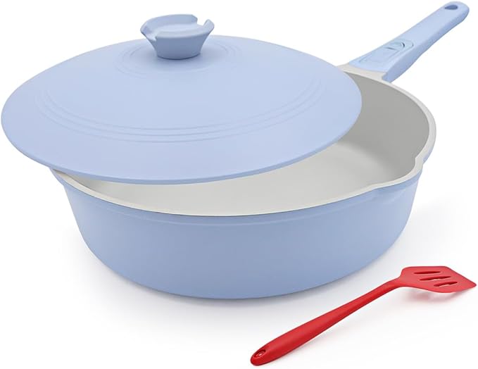 10 Inch Saute Pan with Lid, Ceramic Deep Frying Pans Nonstick, 4 Qt Non Stick Skillet with Lid, Compatible with All Stovetops, Detachable Handle, Oven Safe, PFOA Free, Blue