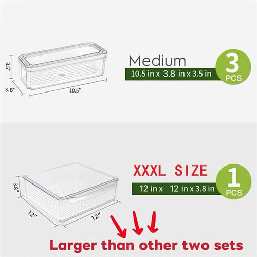 4 Pack Fridge Organizer, Stackable Refrigerator Organizer Bins with Lids, BPA-Free Fridge Organizers and Storage Containers for Fruit, Vegetable, Food, Drinks, Cereals, Clear