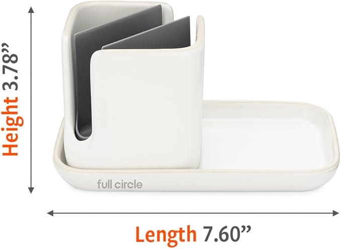 Full Circle Stash, Ceramic Kitchen Sink Caddy, Stylish Sponge Holder & Dish Brush Organizer, Easy to Clean, Dishwasher Safe, Rustproof, White and Gray, 11"