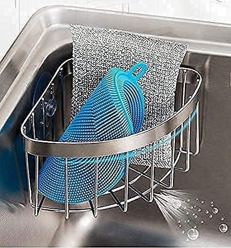 Dish Cloth Hanger+Sponge Holder +corner sink caddy Save Space Triangle 2-in-1 Sink Caddy, No Drilling with 2PCS Suckers(90° RIGHT ANGLE CORNER ONLY)