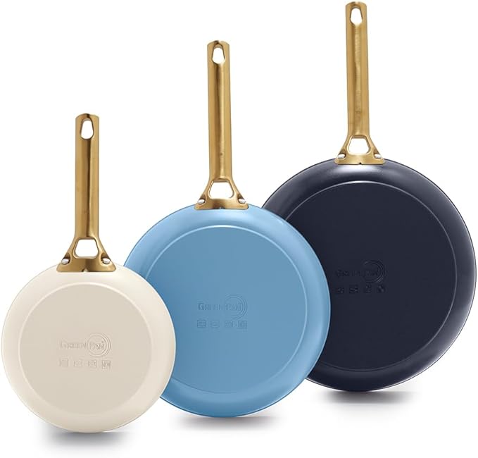 GreenPan 8" 10" and 12" 3 Piece Frying Pan Skillet Set, Hard Anodized Ceramic Nonstick, PFAS-Free, Gold Handle, Dishwasher Safe, Oven Safe, Blue and Cream Mix