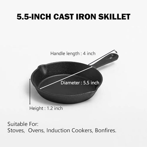 5.5 Inch Mini Cast Iron Skillet With Handle Hanging Hole Uncoated Oven Safe Small Pan Cookware Casserole Dish For Kitchen Indoor Outdoor Picnic (5.5×5.5×1.2 Inch)
