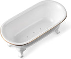 6.5" Ceramic Mini Decorative Clawfoot Bathtub Bar Soap Dish, Kitchen Sponge Holder and Shower Tray for Bathroom, 1 Pack (White Gold Rim)
