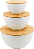 ECOWAY Salad Bowl Set of 3 with Bamboo Wooden Lids, Mixing Bowls Set, Nesting Bowls for Space Saving Storage, Made with Durable Eco-Friendly Bamboo Fiber, Great for Prepping and Serving Food, White