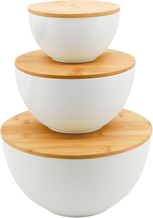 ECOWAY Salad Bowl Set of 3 with Bamboo Wooden Lids, Mixing Bowls Set, Nesting Bowls for Space Saving Storage, Made with Durable Eco-Friendly Bamboo Fiber, Great for Prepping and Serving Food, White