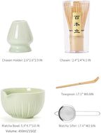 TANG PIN Matcha Set - Match Bowl and Whisk, 15 OZ, Matcha Scoop | Matcha Whisk Stand (Chasen Holder) - 5pc Perfect Matcha Kit for Matcha Tea Ceremony (Green)