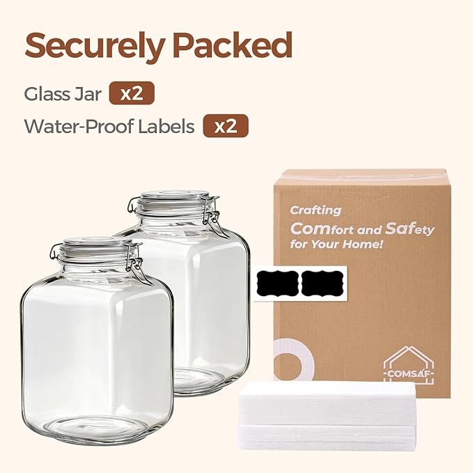 ComSaf 5L (1.3 Gal) Square Glass Rice Containers - Thick Food-Grade Glass Storage Jars with Airtight Hinged Lids & Reusable Labels - Perfect for Flour, Sugar, Pasta, Beans & Dry Goods, Set of 2