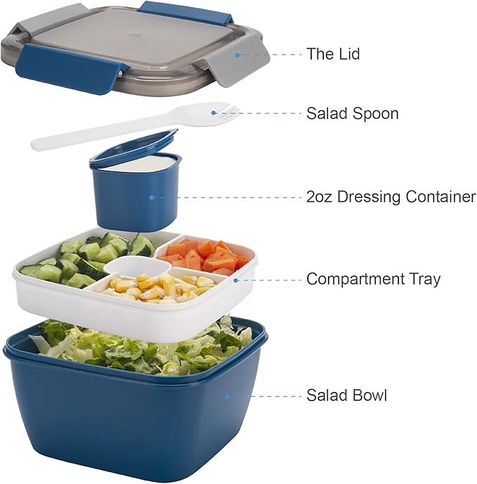 Freshmage Salad Lunch Container To Go, 2 Packs 52-oz Salad Bowls with 3 Compartments, Salad Dressings Container for Salad Toppings, Snacks, Men, Women (Blue+Green)