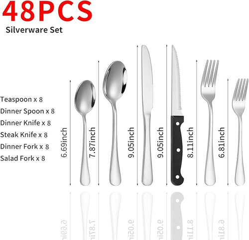 48-Piece Silverware Set with Steak Knives, Stainless Steel Flatware Set for 8, Food Grade Tableware Cutlery Set Rust-proof, Mirror Polished, Dishwasher Safe