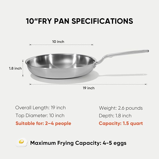10 Inch Stainless Steel Frying Pan - 5 Ply Stainless Clad Skillet with Aluminum Core, Durable and Even Heating, Professional Cookware for Induction, All Stoves, Oven and Dishwasher Safe
