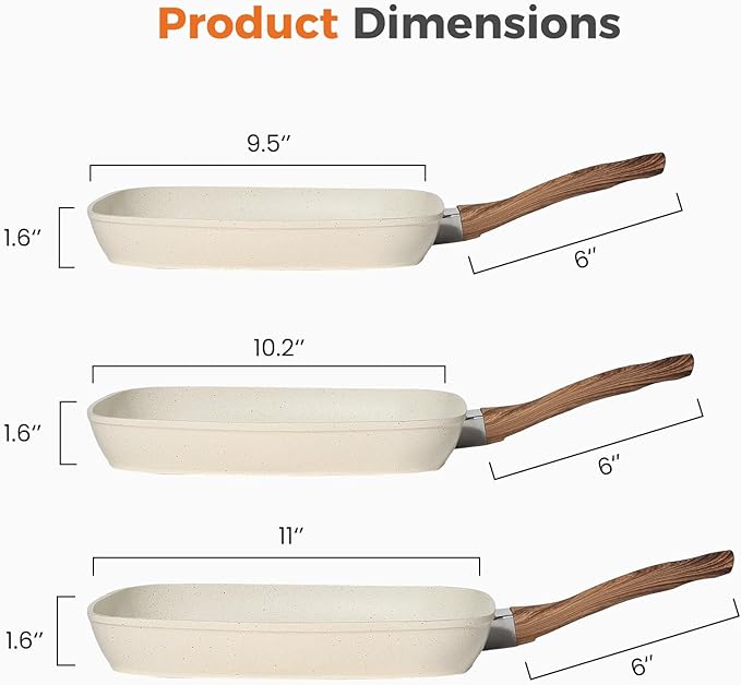 NEWBULIG Nonstick Frying Pan Skillets Set, with Detachable Stay-Cool Handle, Non toxic Induction Cookware, Free of Intentionally Added PFOA, Dishwasher ＆ Oven Safe, (9.5", 10.2", 11") Beige