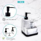 ZCCZ White Soap Dispenser with Sponge Holder, Kitchen Soap Dispenser Pump, Sponge Caddy and Brush Holder 3 in 1 Set Organizer for Sink Countertop, Removable Tray, Marble Look (Brush NOT Included)