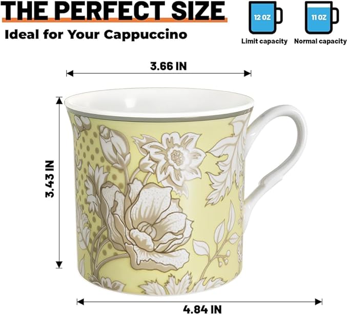 Ceramic Coffee Mugs Set of 4, 12 Oz Floral Pattern, Microwave and Dishwasher Safe, Comfortable Handles, Gifts for Women and Men, for Coffee, Tea, Latte, Cappuccino