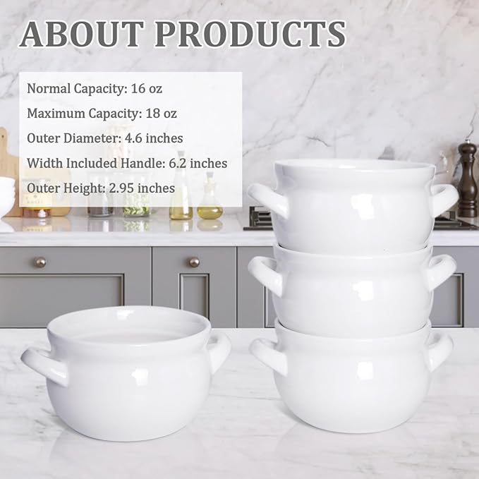 Vumdua Soup Bowls with Handles, 16 Oz Ceramic French Onion Soup Bowls - Stackable Oven Safe Bowls Serving Soup Crocks for Soup, Cereal, Chilli, Pot Pies, Set of 4, White