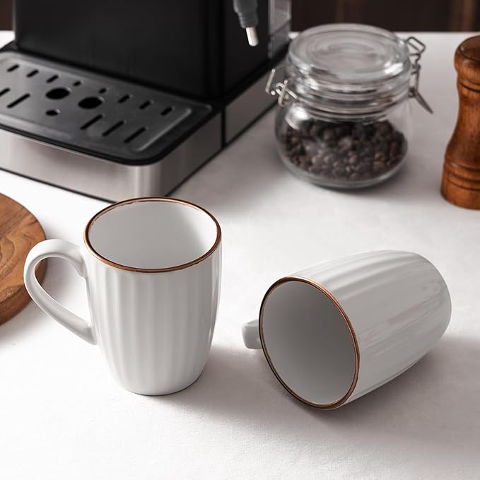 famiware Coffee Mugs Sets for 4, 12 oz Mug Set, Coffee Cups with Handle for Coffee, Tea, Cocoa and Milk, Microwave and Dishwasher Safe, White Stripe