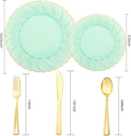 YOUBET 125PCS Clear Green Plastic Plates with Gold Rim - Green and Gold Plastic Plates Include 25 Dinner Plate 25 Dessert Plate 75 Disposable Silverwares for Wedding & Party