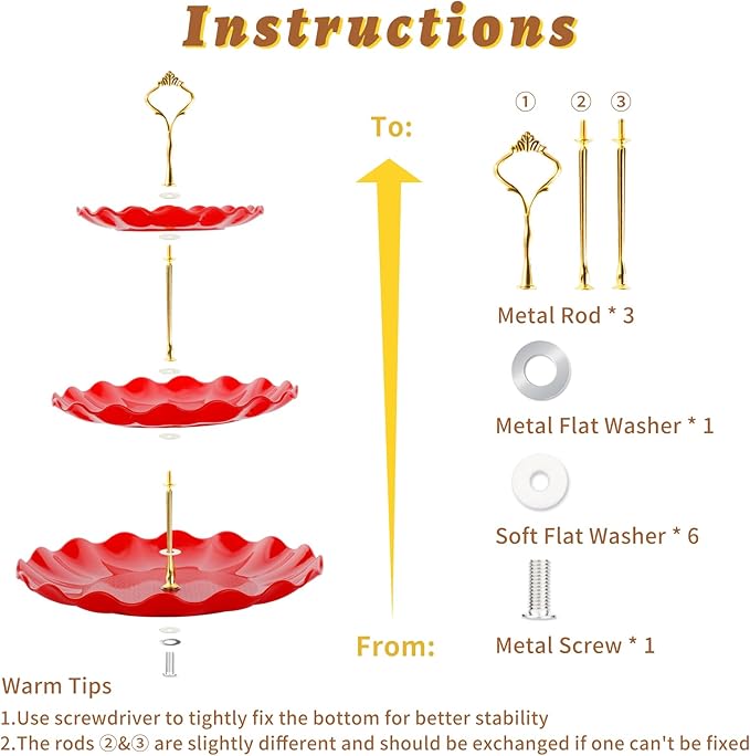 BACUTHY 3 Tier Cupcake Stand Holder, Plastic Cup Cake Stand Tower with Tiered Serving Tray for Cupcakes, Donuts, Fruits and More, Red