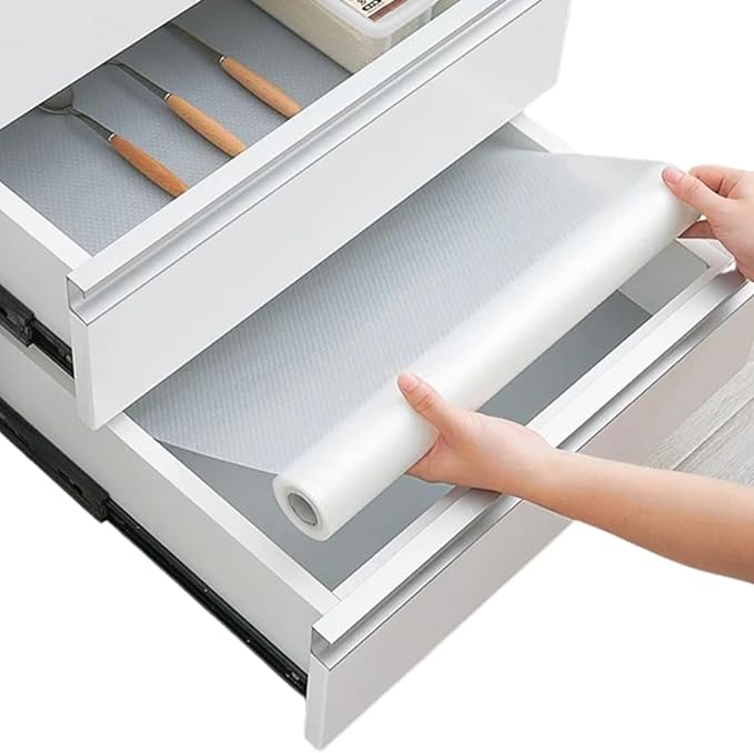 Shelf Liner Drawer Liner for Kitchen Cabinets Non-Adhesive by Linda’s Essentials (17.7 x 120 Inches) - Non-Slip Easy Clean Kitchen Cabinet and Cupboard Protector, Waterproof Mat, Clear Roll