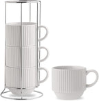 HASENSE 15 oz Ribbed Stackable Coffee Mug Set of 4, Porcelain Latte Cups with Metal Rack, Dishwasher & Microwave Safe, Cappuccino Tea Hot Cocoa, White