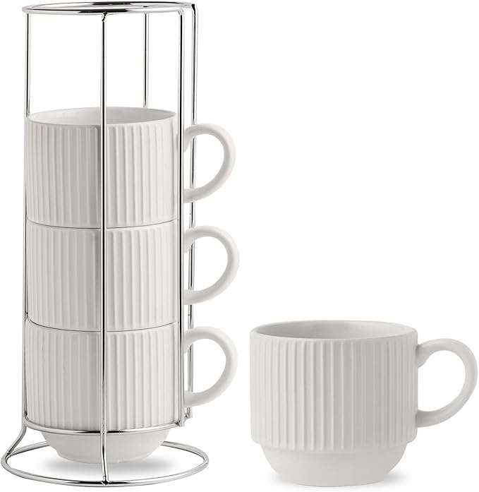 HASENSE 15 oz Ribbed Stackable Coffee Mug Set of 4, Porcelain Latte Cups with Metal Rack, Dishwasher & Microwave Safe, Cappuccino Tea Hot Cocoa, White
