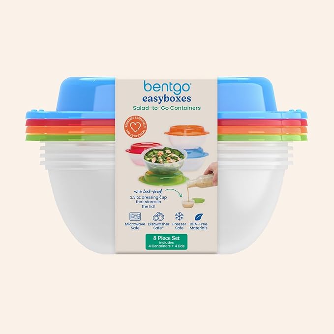 Bentgo Easyboxes Salad-to-Go Containers - 8-Piece Set: 4 Bowls, Leak-Proof Dressing Cups Built-In & 4 Fitted Lids Seal in Freshness; Reusable/BPA-Free for Salad, Pasta, & Cereal (Classic)