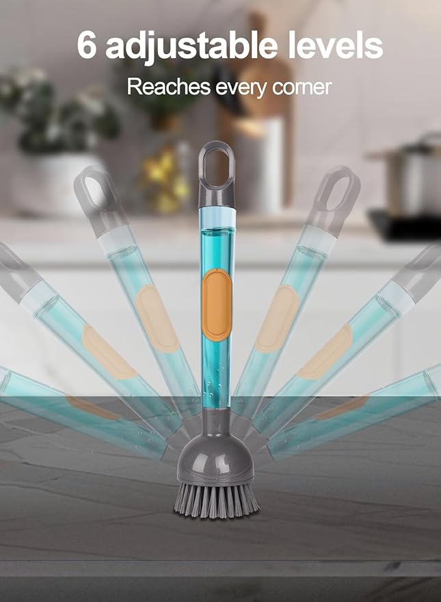Soap Dispensing Dish Brush Storage Set with 360° Rotating Head, Kitchen Brush with 2 PCS Different Brush Heads & 3 PCS Sponges, Dish Brush Set with Handle for Dishes, Sink, Pans, Pots.
