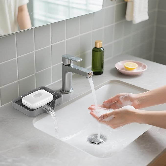 Silicone Soap Dish for Shower with Self Draining, 2 Pack Soap Holder for Bathroom, Silicone Sponge Holder for Kitchen Sink, Soap Tray for Dispenser, Scrubber, Bottle, 4.7"×3.9", Gray