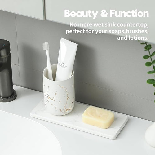 2PCS Water Absorbing Stone Drying Tray for Kitchen Counter, Diatomite Mat Vanity Caddy for Bathroom Sink, Faucet Splash Guard,Soap Dispenser Rack Sponge Holder Organizer, Marble White, 9"x3.5"