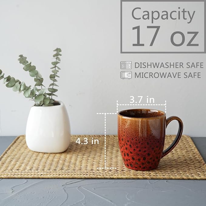 Bosmarlin Ceramic Coffee Mug Set of 4, 17 Oz, Coffee Cups with Big Handle, Microwave Safe, Unique Reactive Glaze (Orange&Red)