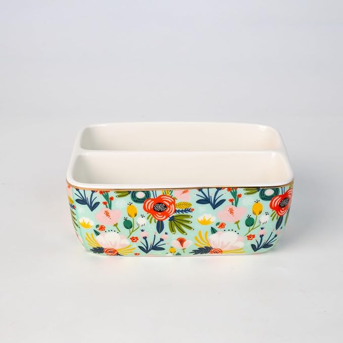 2 Compartments Ceramic Sponge Holder for Kitchen Sink, Cute Floral Countertop Dish Sponges Holder Soap Sink Organizer Farmhouse Caddy (Mint Green)