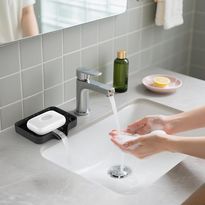 2 Pack Silicone Soap Dish, Self Draining Soap Dish, Non Slip Bar Soap and Sponge Holder for Bathroom Kitchen Sink Counter Organizer, Easy to Clean Soap Tray Waterfall Soap Saver 4.7"×3.9"
