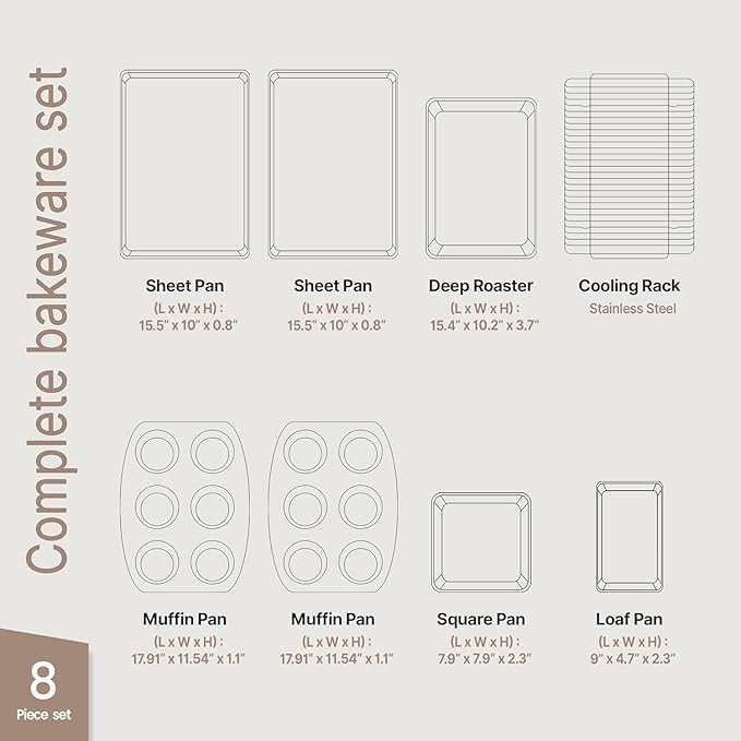 Bakken 8-Piece Ceramic Coated Bakeware Sets, Nonstick Aluminized Steel Pans with Muffin, Loaf, Cake, Roasting Pan, & Cooling Rack, Oven Safe Up To 500°F, Dishwasher Safe, BPA, PTFE & PFAS Free, Teal